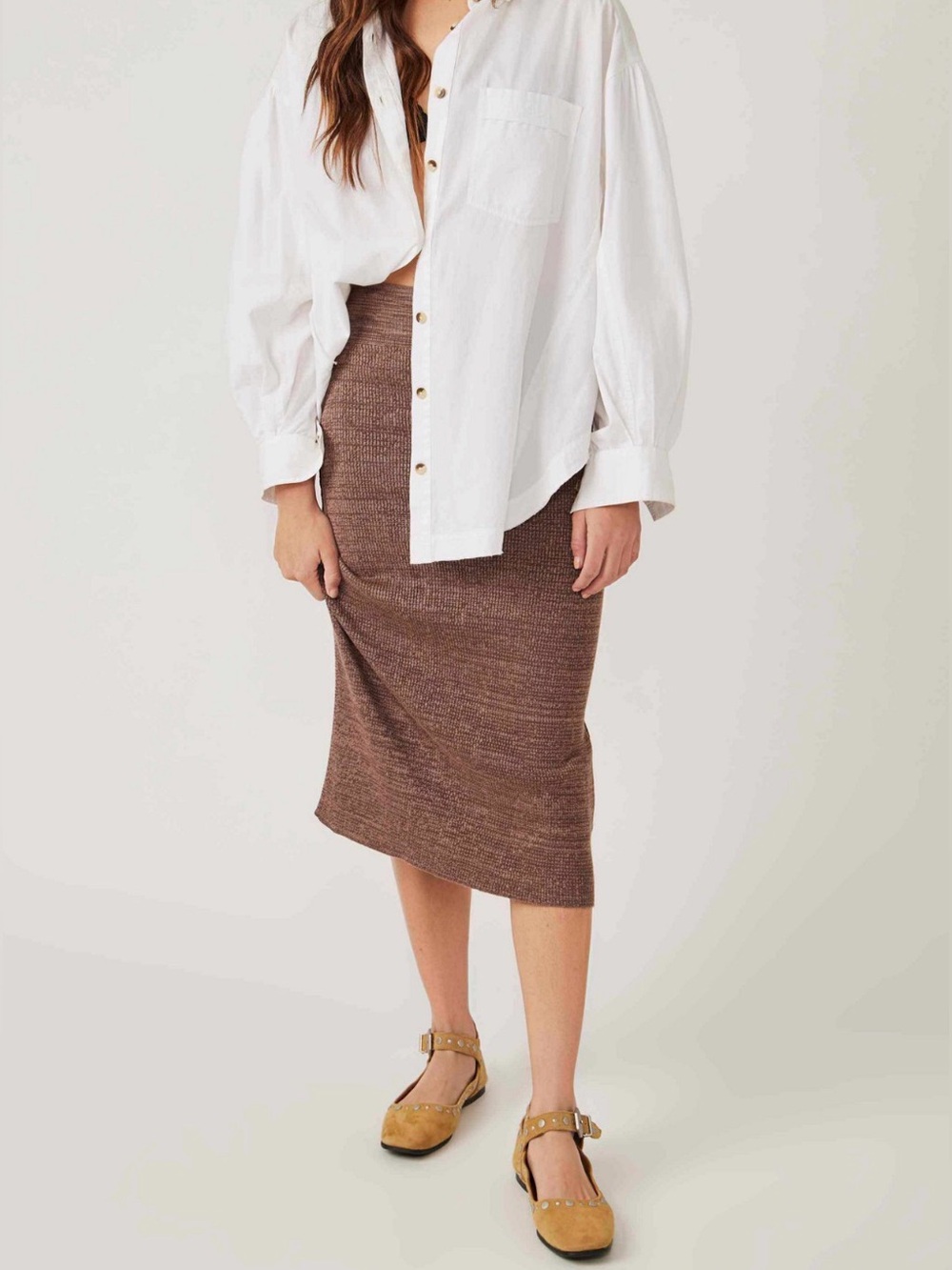 Free People Knit Midi Skirt | Heather Brown | Size L | Side Slit | Pull-On